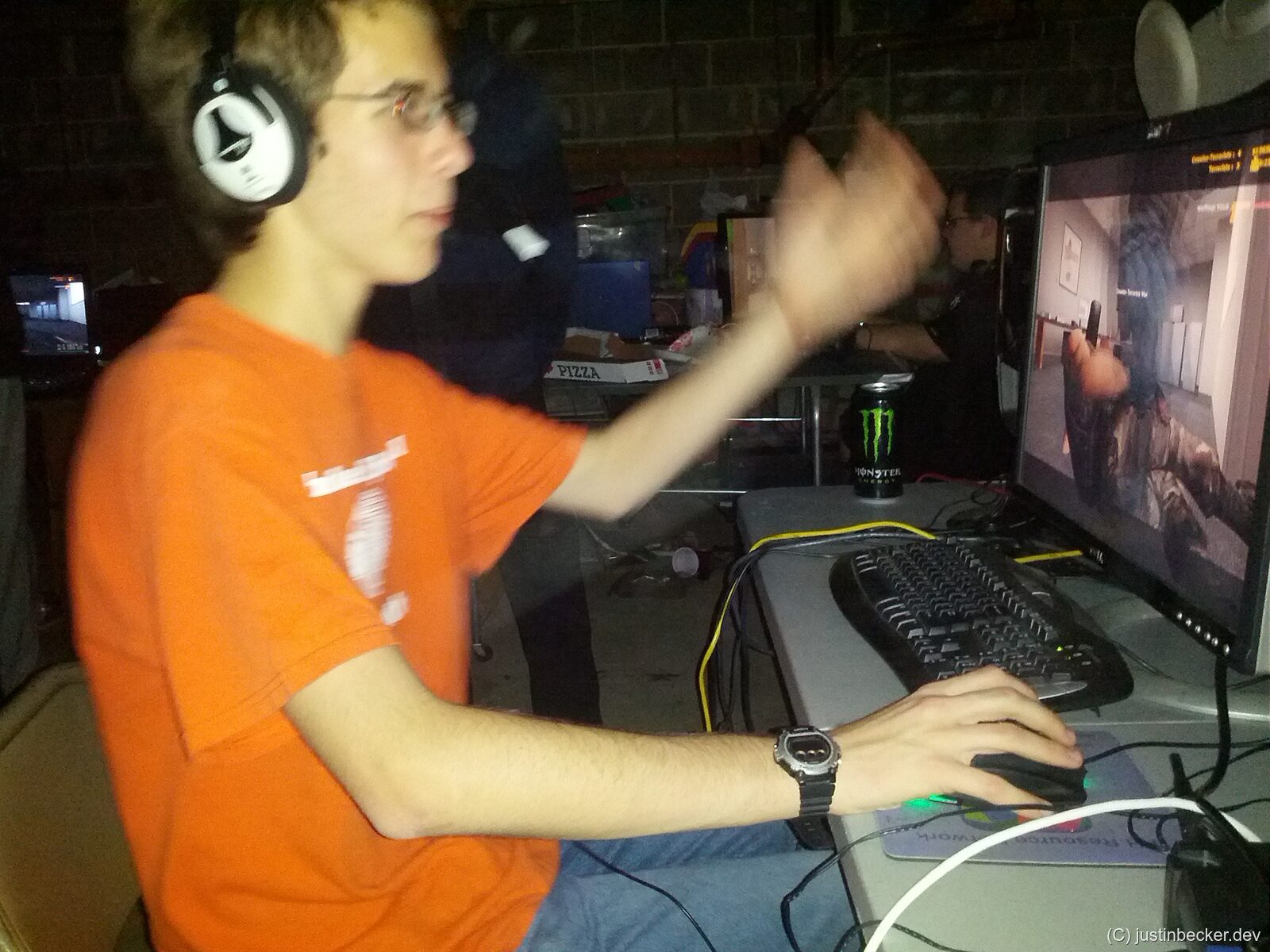 Justin at an early LAN party, mid-game