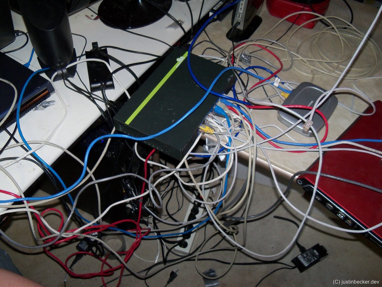 A tangle of cables at a LAN party
