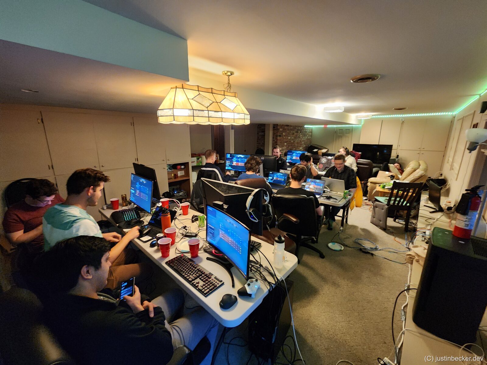 A LAN party setup in a basement