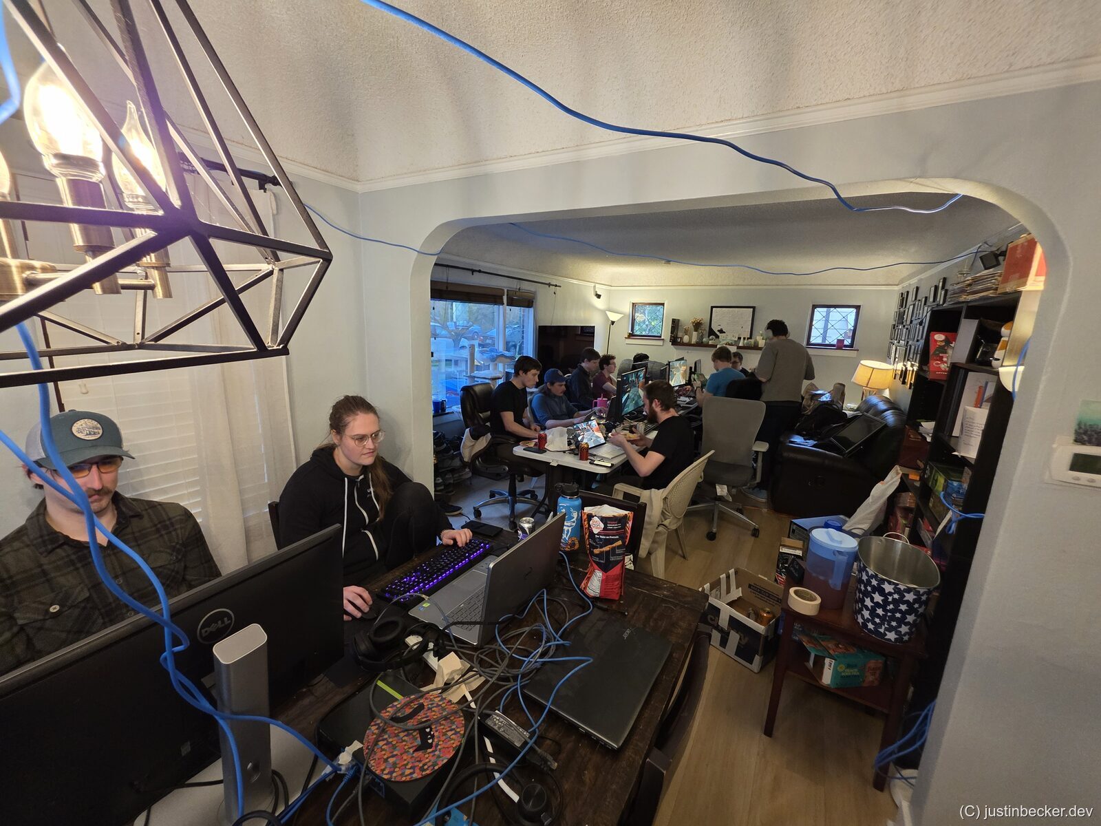 A LAN party split across two tables