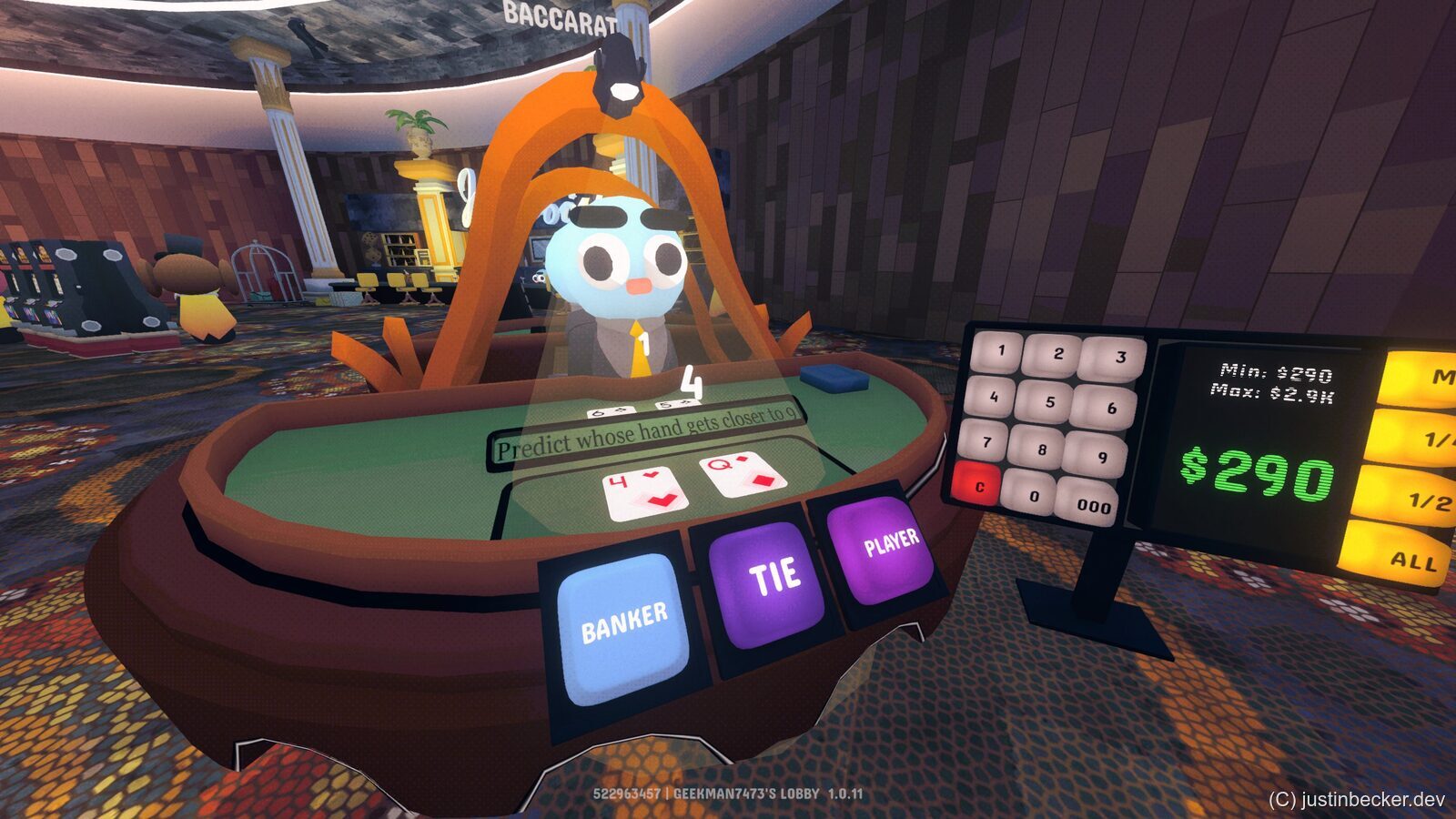 The Baccarat table in Gamble With Your Friends with Banker, Tie, and Player bet buttons