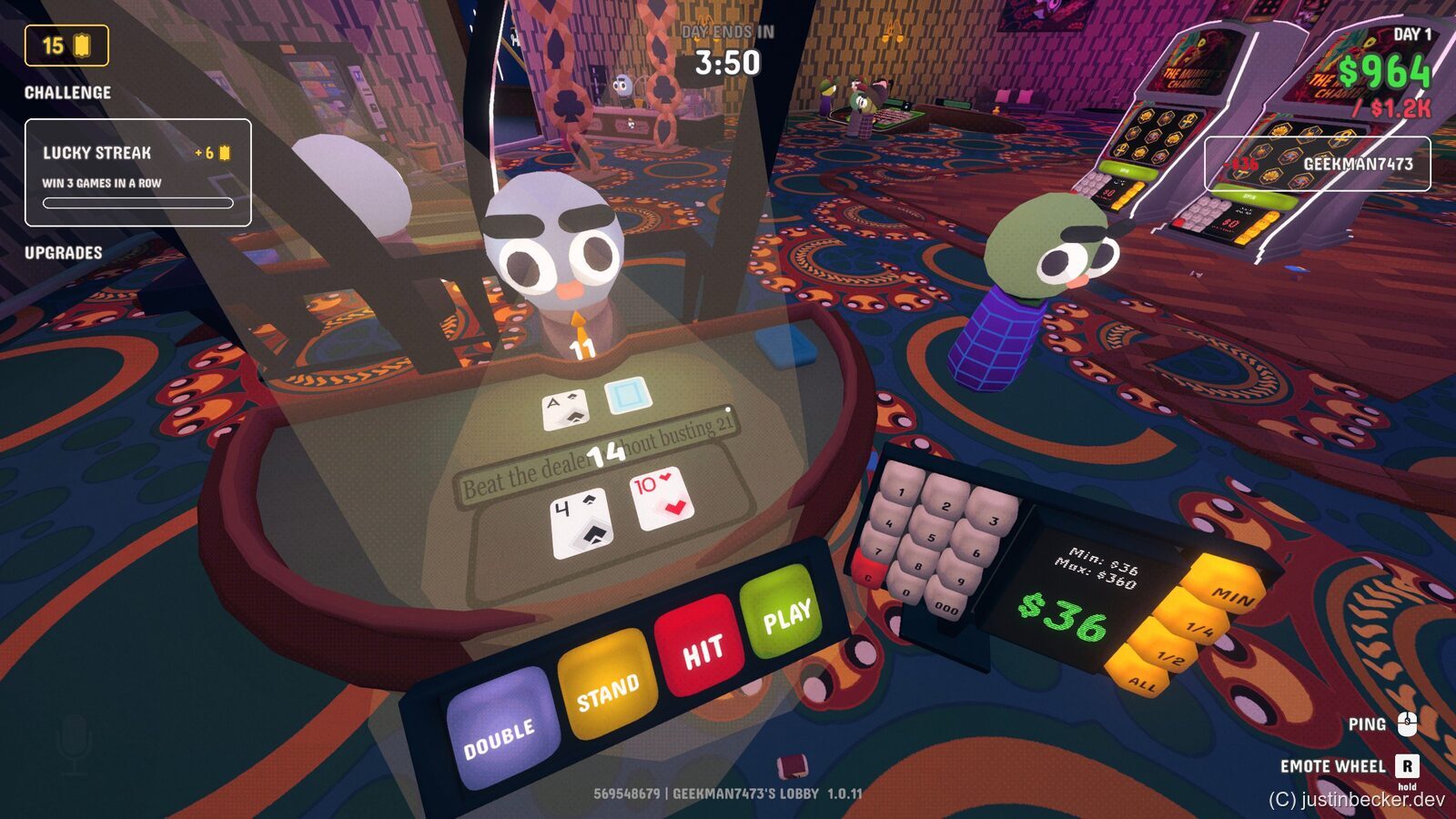 A blackjack hand in Gamble With Your Friends with Double, Stand, Hit, and Play buttons