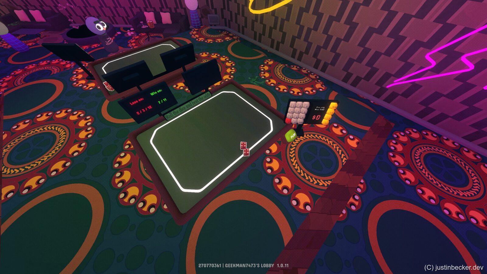 The Street Craps table in Gamble With Your Friends with dice on the green felt
