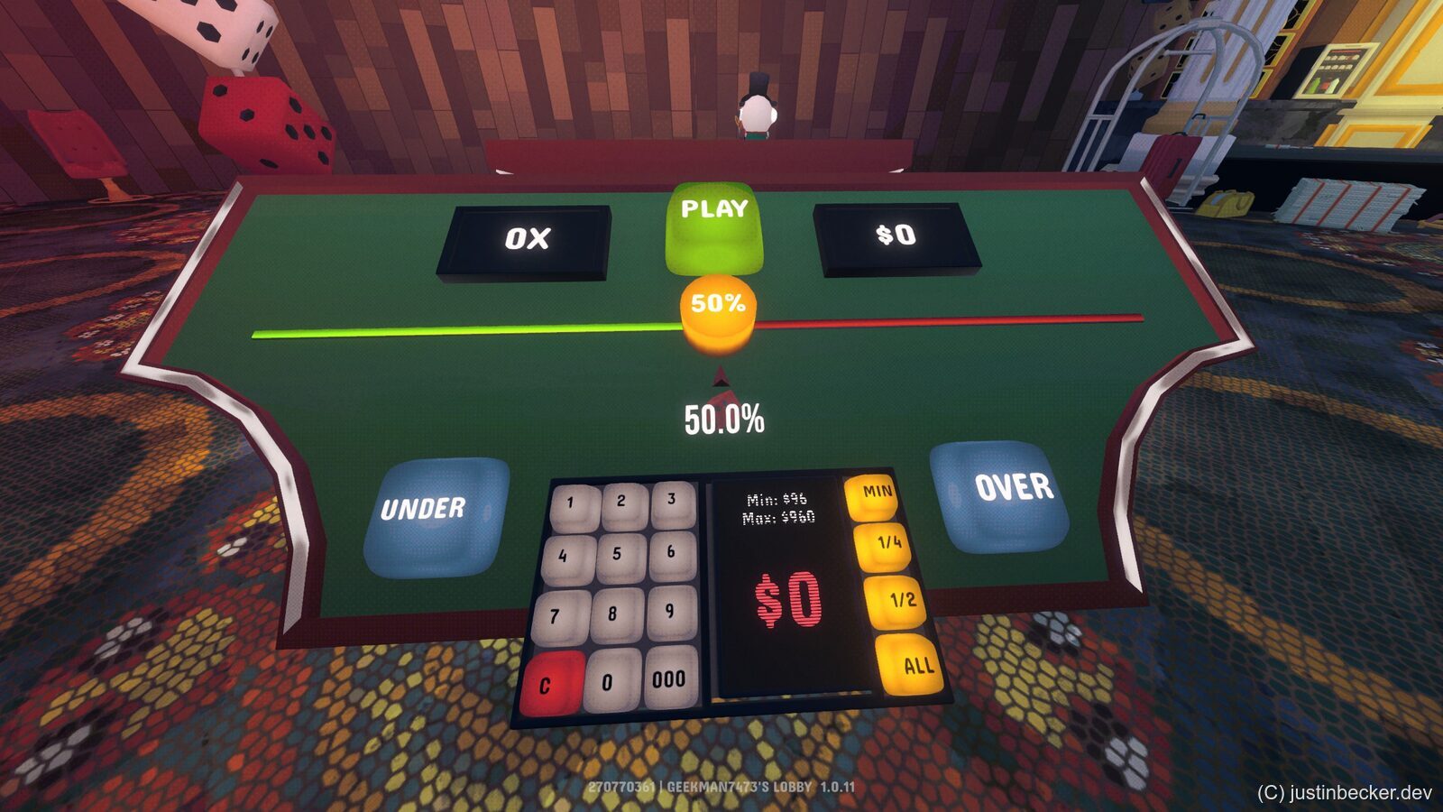 The Hi-Lo game in Gamble With Your Friends with the Under/Over slider set to 50%