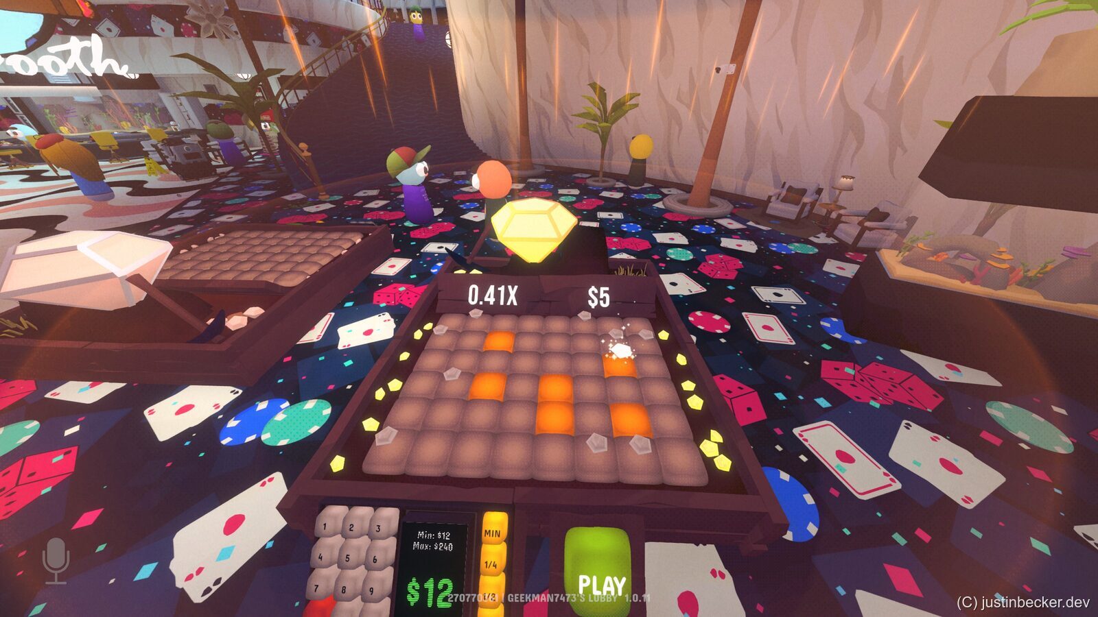 The Keno board in Gamble With Your Friends, a grid of tiles with a gem and the current multiplier