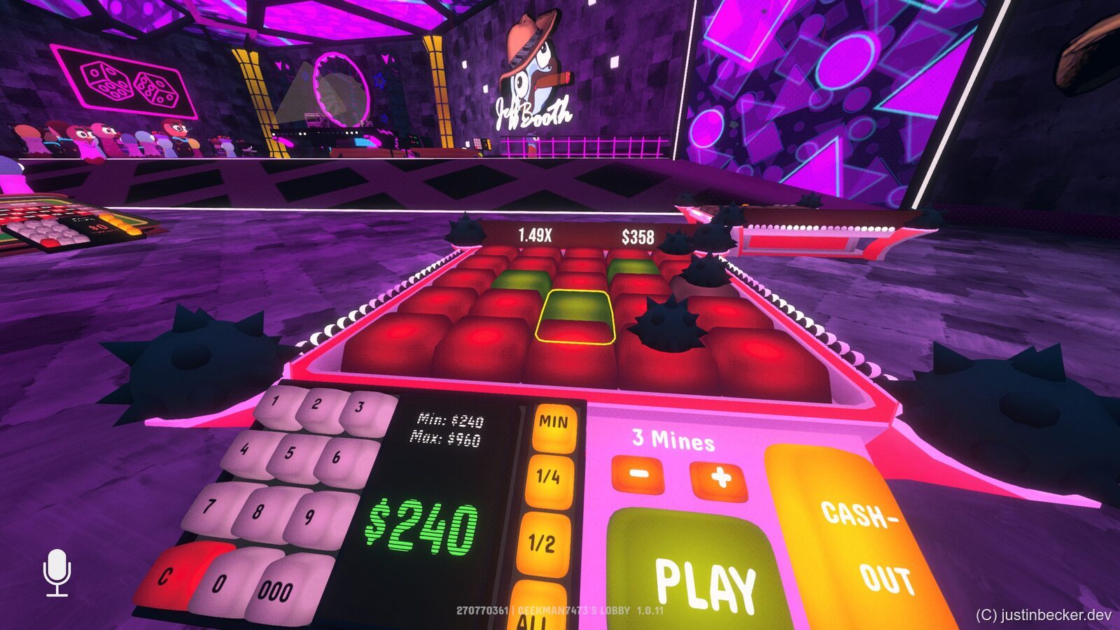 The Minesweeper Mines game in Gamble With Your Friends with a 3-mine grid mid-game