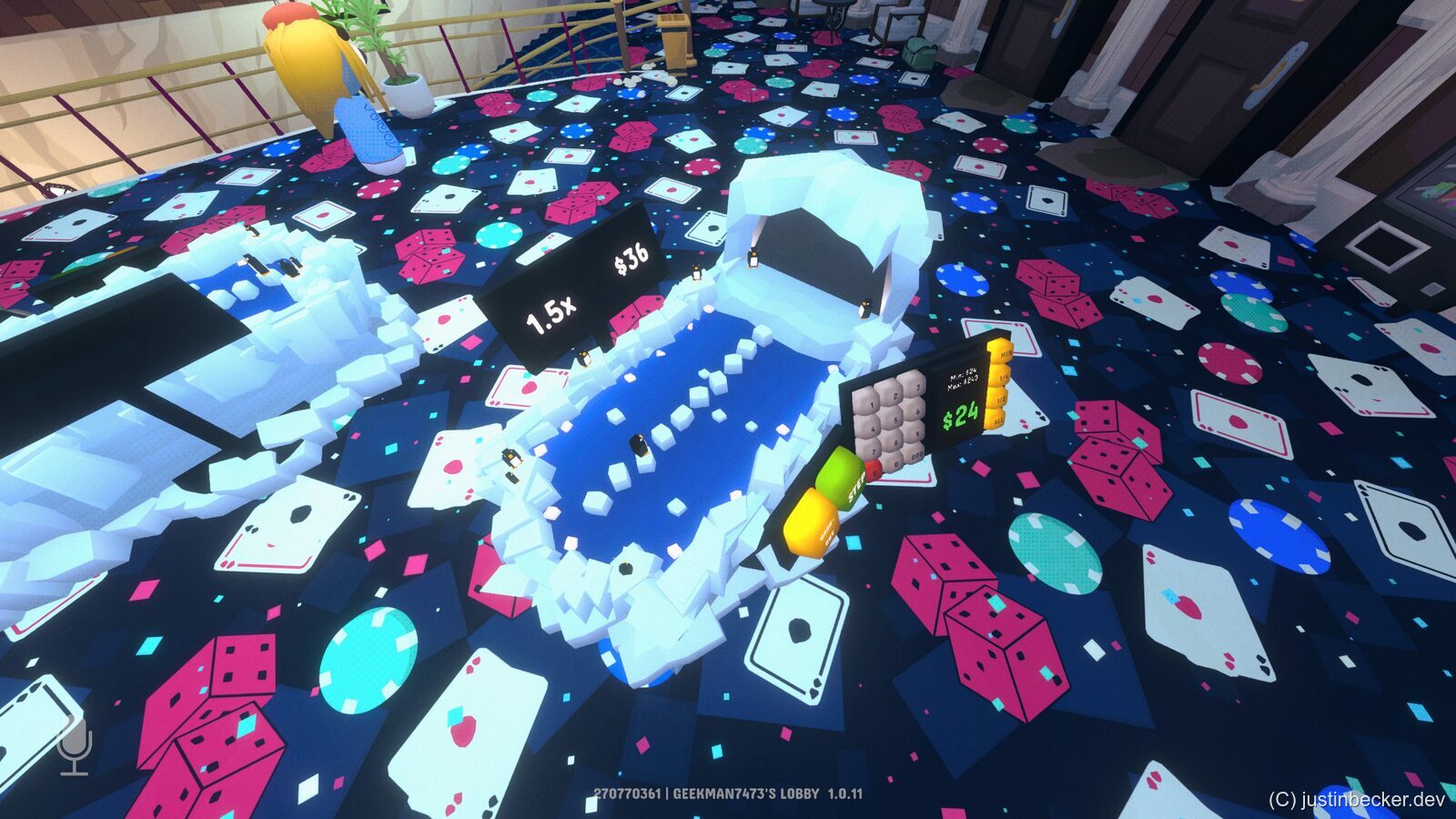 The Penguins Crossy Road style game in Gamble With Your Friends, an icy board with stepping lanes