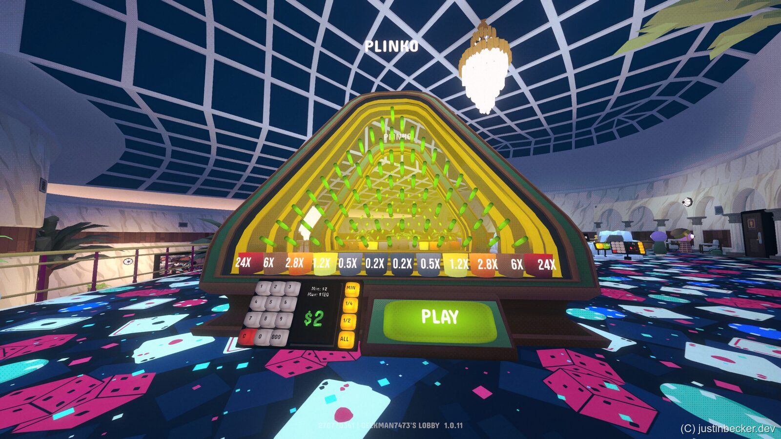 The Plinko machine in Gamble With Your Friends, a triangular peg board with multiplier buckets from 24x down to 0.2x