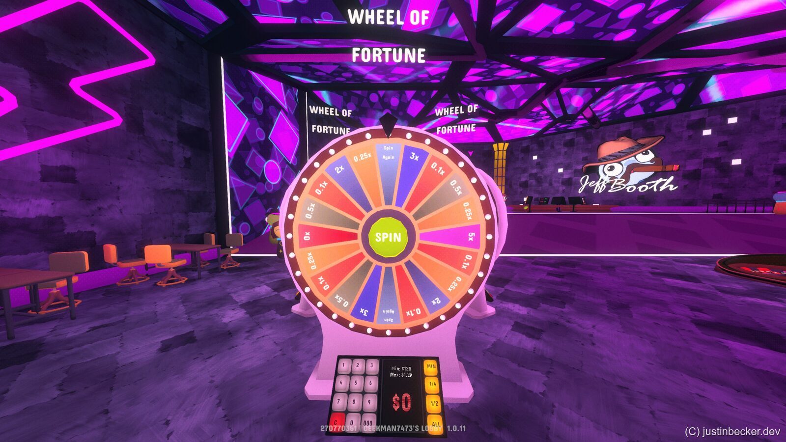 The Prize Wheel in Gamble With Your Friends, a segmented wheel with a Spin button in the center