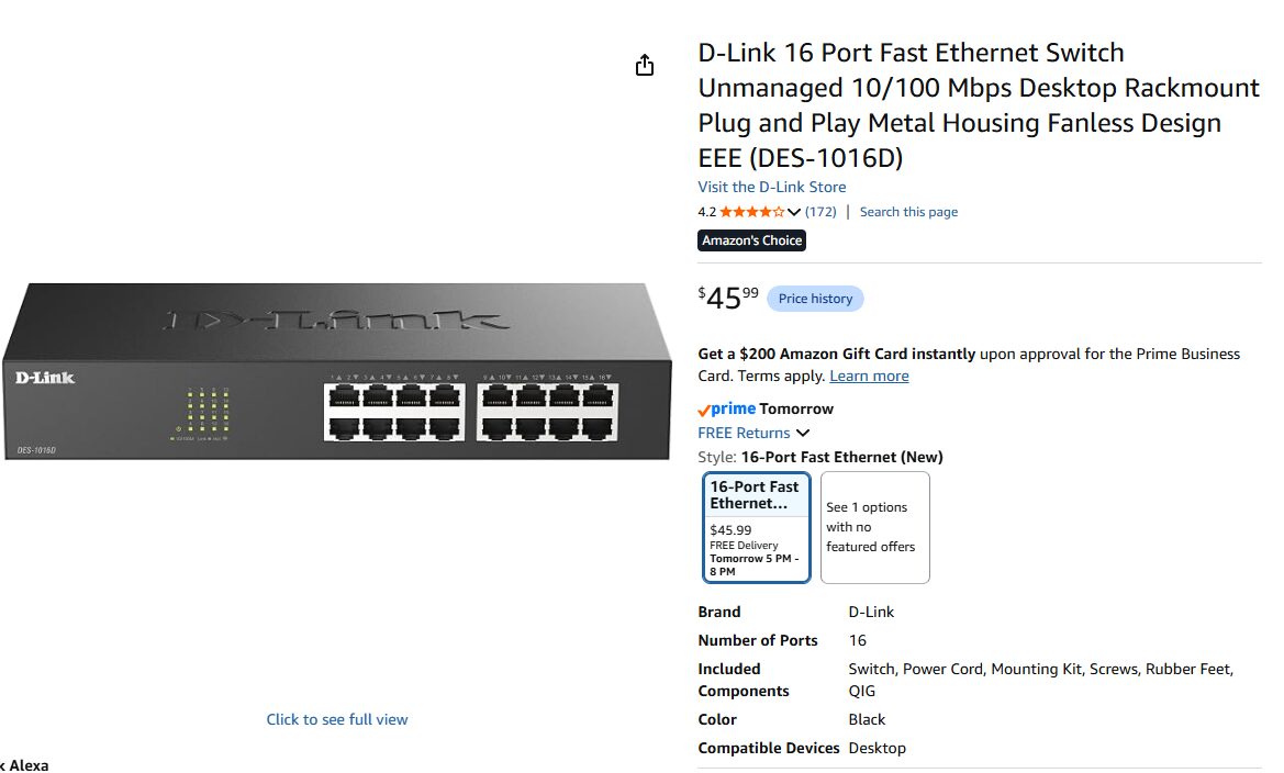 An Amazon product listing for a D-Link 16 port unmanaged switch whose title advertises it as a Fast Ethernet 10/100 Mbps switch
