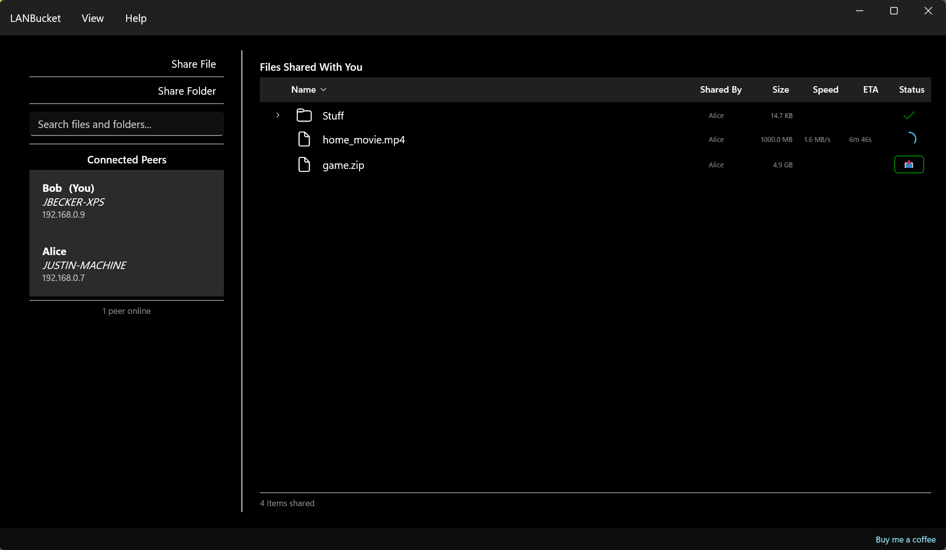 Screenshot of the LANBucket UI