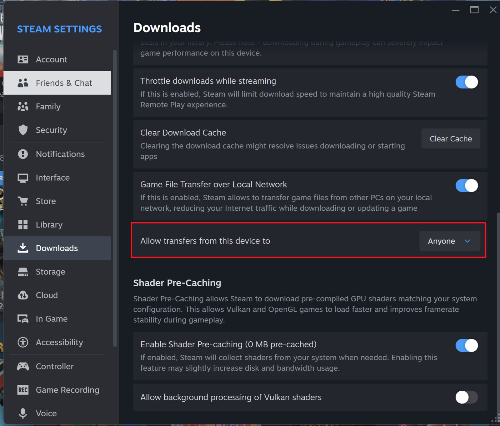 Steam Settings Downloads panel with 'Allow transfers from this device to: Anyone' highlighted